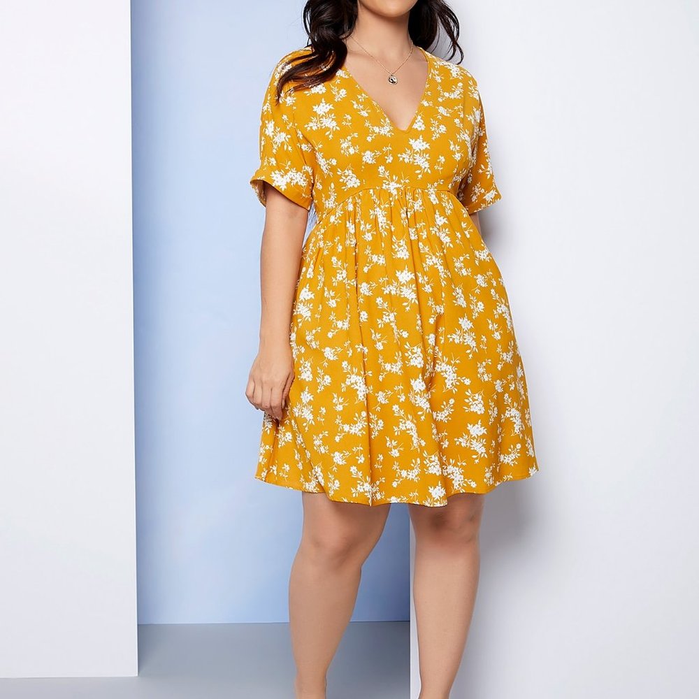 Ditsy Floral BOHO Mustard Yellow Plus Size Dress - Picture 10 of 10